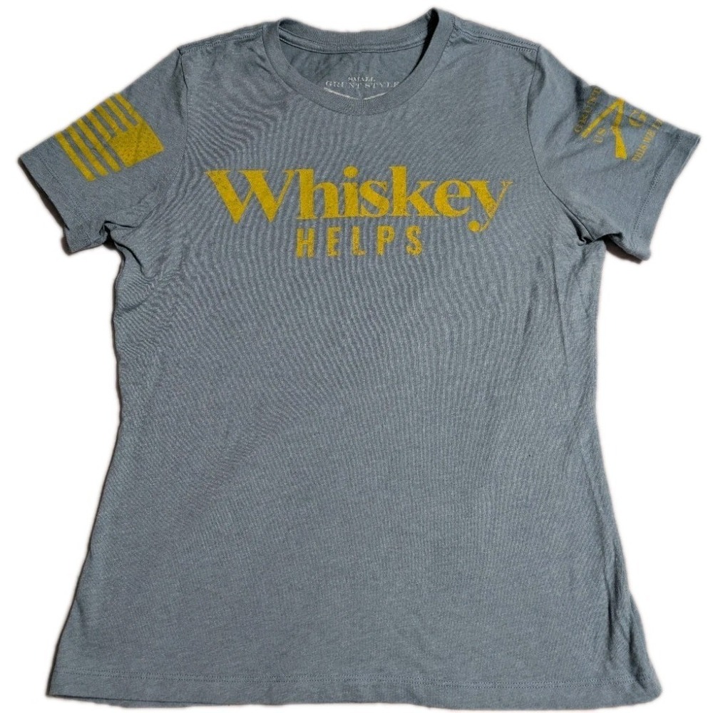 Grunt Style Whiskey Helps T Shirt Womens Small Blue Graphic Tee USA Flag